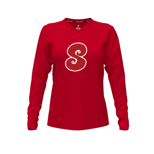 [CUS-DFW-TEES-CMF-VNK-LSL-RED-FYXS-LOGO2] Decker Comfort T-Shirt (Female Youth XS, Red, V Neck, Logo 2, Long Sleeve)